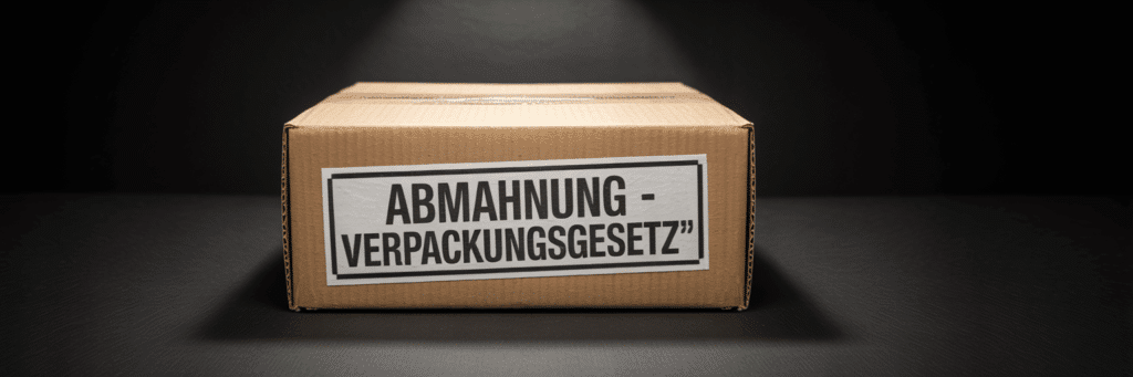 Abmahnung wegen Verstoß gegen das Verpackungsgesetz (VerpackG), symbolisiert durch einen Versandkarton mit entsprechendem Warnhinweis.