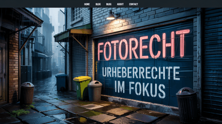 Urbanes Garagentor mit Neon‑Schrift ‚Fotorecht Urheberrechte im Fokus