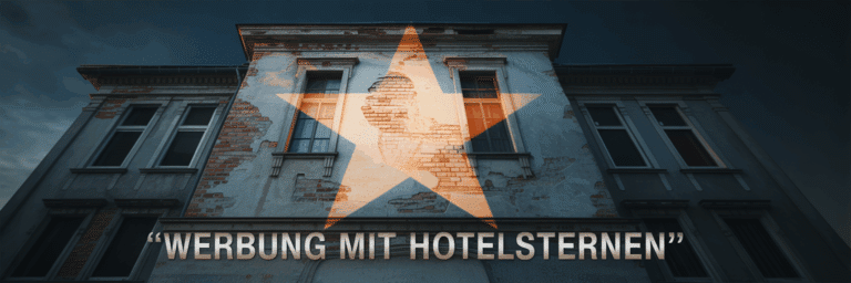 Ein einzelner Hotelstern wird auf eine bröckelige Wand projiziert als Symbol für irreführende Werbung mit Hotelsternen.