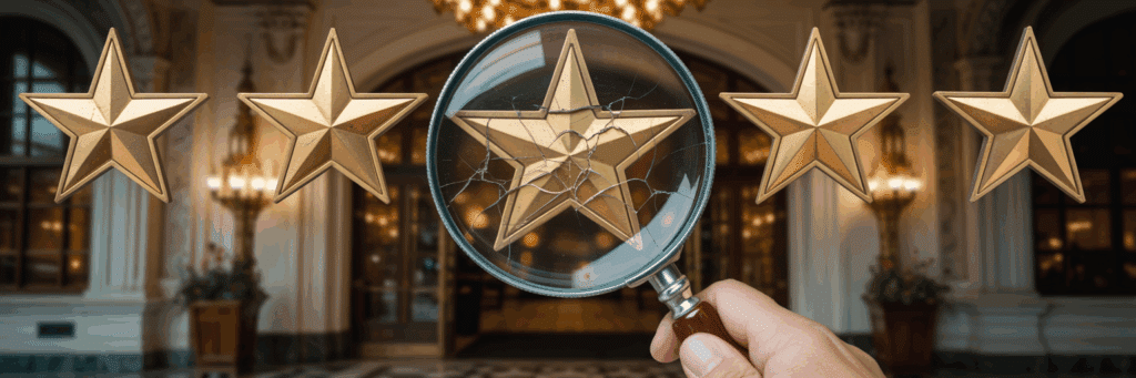 Eine Lupe untersucht einen rissigen goldenen Hotelstern, was die rechtliche Prüfung von Hotelklassifizierungen nach UWG symbolisiert.