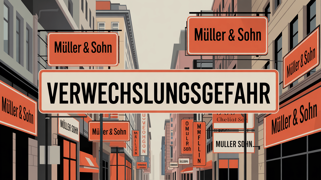 Titelbild: Verwirrend ähnliche Firmenschilder in einer Stadtansicht, überlagert mit dem Titel "Verwechslungsgefahr: Markenrecht & Wettbewerbsrecht bei ähnlichen Namen"