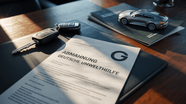 Eine Abmahnung der Deutschen Umwelthilfe liegt auf dem Schreibtisch eines Autohauses neben Autoschlüsseln und einer Broschüre.