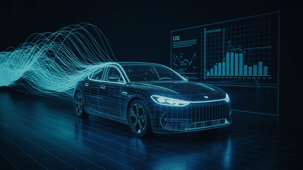 Eine stilisierte Darstellung eines modernen Autos, dessen Daten zu CO2-Emissionen und Energieverbrauch auf einer digitalen Oberfläche visualisiert werden.