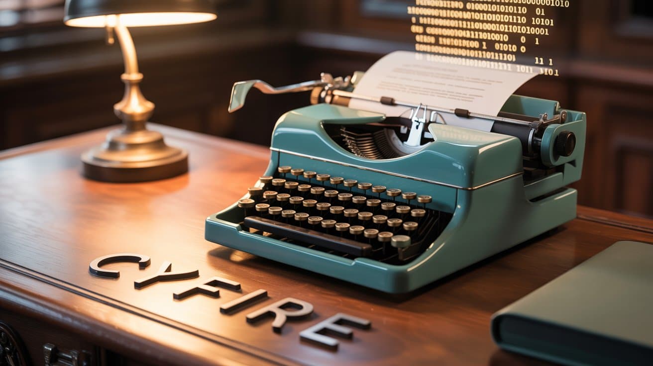 Analoge Schreibmaschine mit digitalem Code und dem Namen Cyfire als Symbol für moderne Rechtsstreitigkeiten.