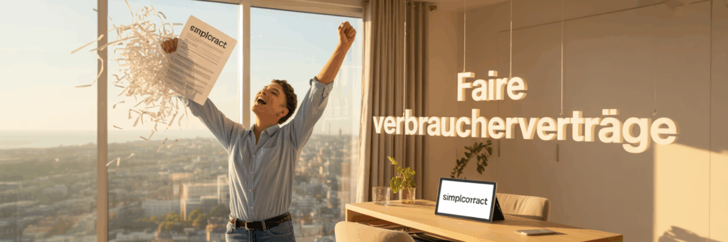 Eine glückliche Person zerreißt einen alten Vertrag, ein Symbol für die neuen Rechte durch das Gesetz für faire Verbraucherverträge.