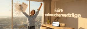 Eine glückliche Person zerreißt einen alten Vertrag, ein Symbol für die neuen Rechte durch das Gesetz für faire Verbraucherverträge.