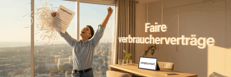 Eine glückliche Person zerreißt einen alten Vertrag, ein Symbol für die neuen Rechte durch das Gesetz für faire Verbraucherverträge.