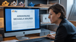 Ein besorgter eBay-Händler blickt auf eine E-Mail mit dem Betreff "Abmahnung Michaela Maurer" auf seinem Monitor.