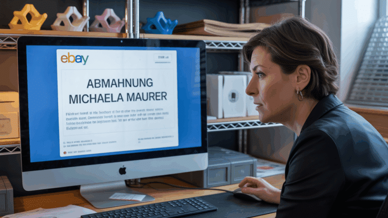 Ein besorgter eBay-Händler blickt auf eine E-Mail mit dem Betreff "Abmahnung Michaela Maurer" auf seinem Monitor.