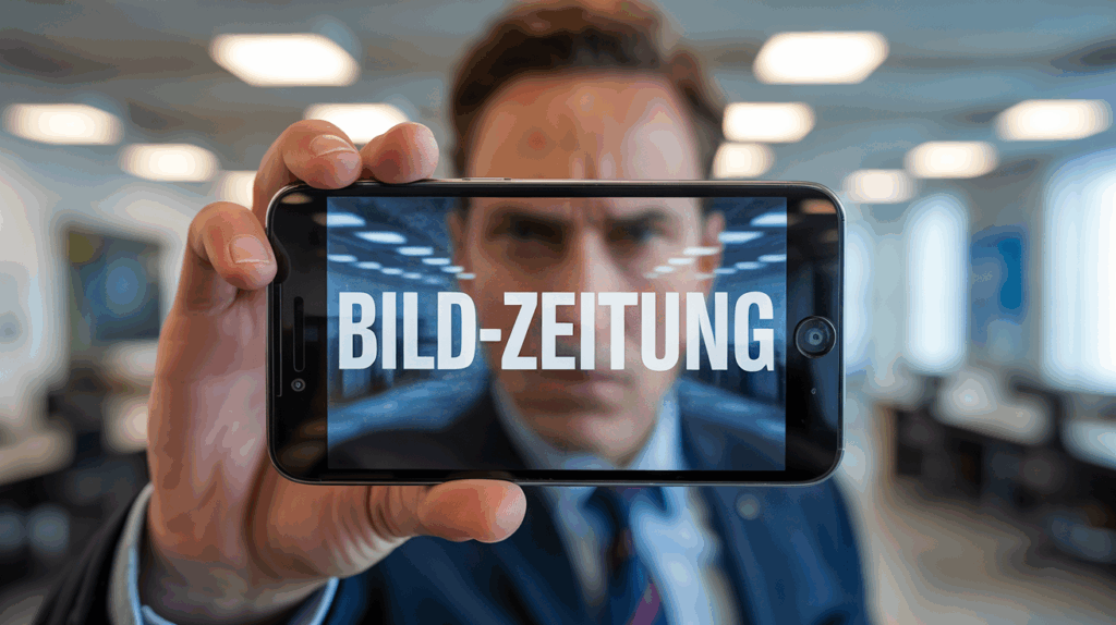 Eine Person hält ein Smartphone, auf dem der Schriftzug "Bild-Zeitung" verschwommen zu sehen ist, und steht in einer Anwaltskanzlei.
