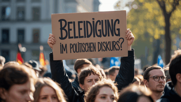 Protestschild mit der Aufschrift "Beleidigung im politischen Diskurs?" wird auf einer Demonstration in die Höhe gehalten.