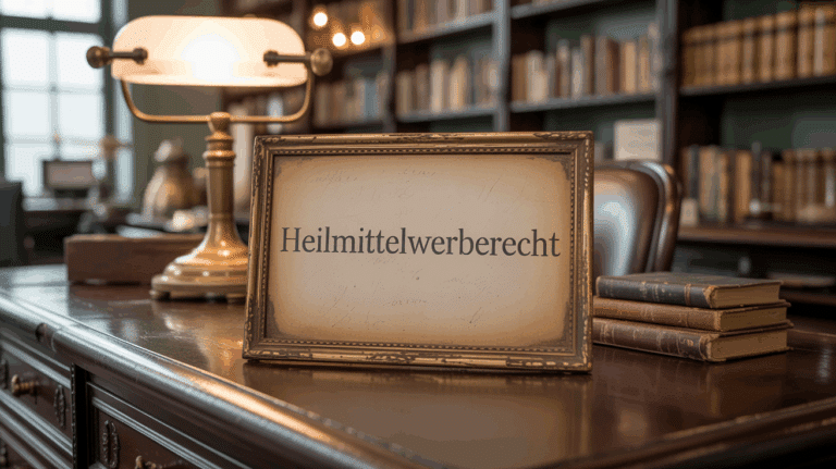 Detailaufnahme eines gerahmten Etiketts mit der Aufschrift Heilmittelwerberecht auf einem apothekertresen