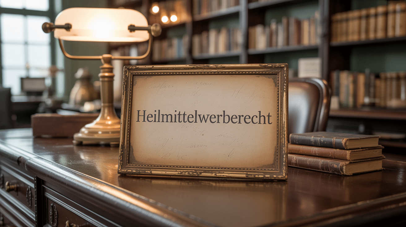 Detailaufnahme eines gerahmten Etiketts mit der Aufschrift Heilmittelwerberecht auf einem apothekertresen