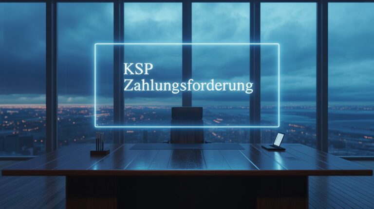 Holografische Projektion der Wörter KSP Abmahnung in einem modernen Anwaltsbüro bei Nacht.