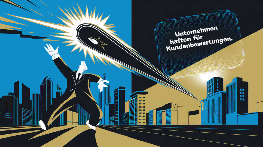 Haftung für Kundenbewertungen: Ein Unternehmer wird symbolisch von einer riesigen Nadel – als Metapher für eine Kundenbewertung – bedroht.