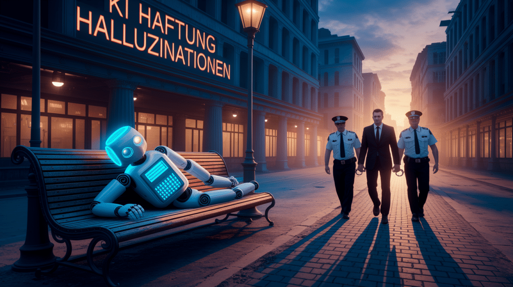 Haftung für KI-Halluzinationen: Ein Mensch wird von der Polizei verhaftet, während der verantwortliche KI-Roboter unbeteiligt auf einer Parkbank liegt.