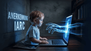 Symbolische Darstellung der Online-Gefahren für Kinder: Eine bedrohliche Hand greift aus einem Laptop-Bildschirm nach einem Kind. Im Hintergrund ist der Text 'ANERKENNUNG IARC' zu sehen. Das Bild thematisiert Jugendschutz im Internet und die Bedeutung der IARC Altersfreigaben.