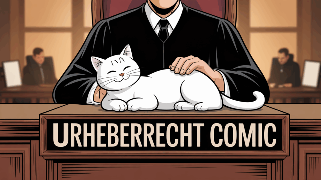Illustration: Comic Katze im Richterornat mit Text "URHEBERRECHT COMIC" symbolisiert Urteil OLG Frankfurt.