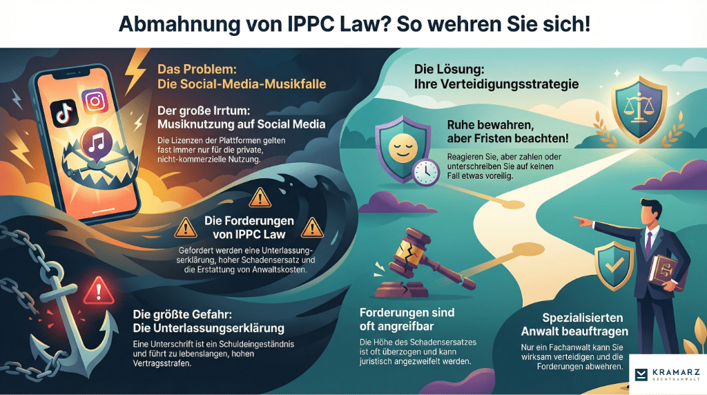 Infografik zur Abmahnung von IPPC Law wegen Musiknutzung auf Social Media: Ablauf, Risiken einer Unterlassungserklärung und Verteidigungsstrategie durch Kanzlei Kramarz.