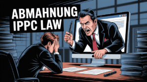 Ein Mann erhält eine Abmahnung von IPPC Law wegen Urheberrechtsverletzung, dargestellt durch einen wütenden Anwalt auf einem Computerbildschirm, der auf Dokumente auf einem Schreibtisch zeigt. Titel "ABMAHNUNG IPPC LAW" im Bild.