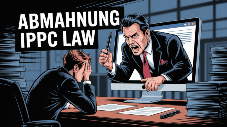 Ein Mann erhält eine Abmahnung von IPPC Law wegen Urheberrechtsverletzung, dargestellt durch einen wütenden Anwalt auf einem Computerbildschirm, der auf Dokumente auf einem Schreibtisch zeigt. Titel "ABMAHNUNG IPPC LAW" im Bild.