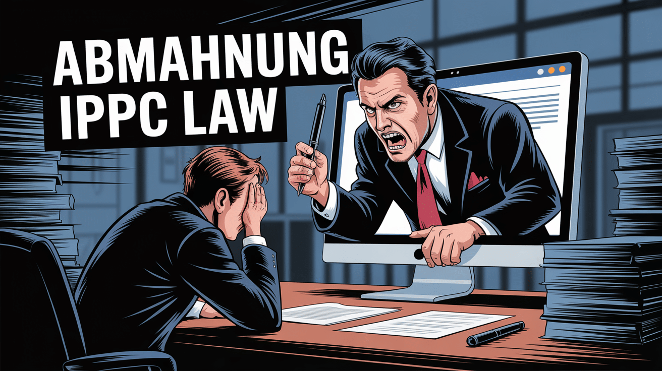 Ein Mann erhält eine Abmahnung von IPPC Law wegen Urheberrechtsverletzung, dargestellt durch einen wütenden Anwalt auf einem Computerbildschirm, der auf Dokumente auf einem Schreibtisch zeigt. Titel "ABMAHNUNG IPPC LAW" im Bild.