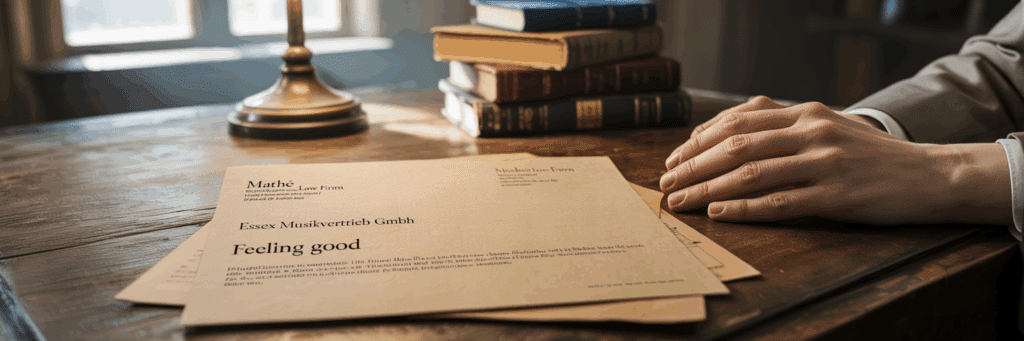 Anwaltsschreiben der Mathé Law Firm wegen Urheberrechtsverletzung für Essex Musik auf einem Schreibtisch