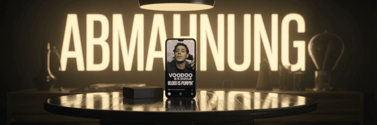 Smartphone mit TikTok-Video zum Song "Blood is Pumpin'" – im Hintergrund der Schriftzug "Abmahnung" als Symbol für die Abmahnung der voodoo music GmbH.