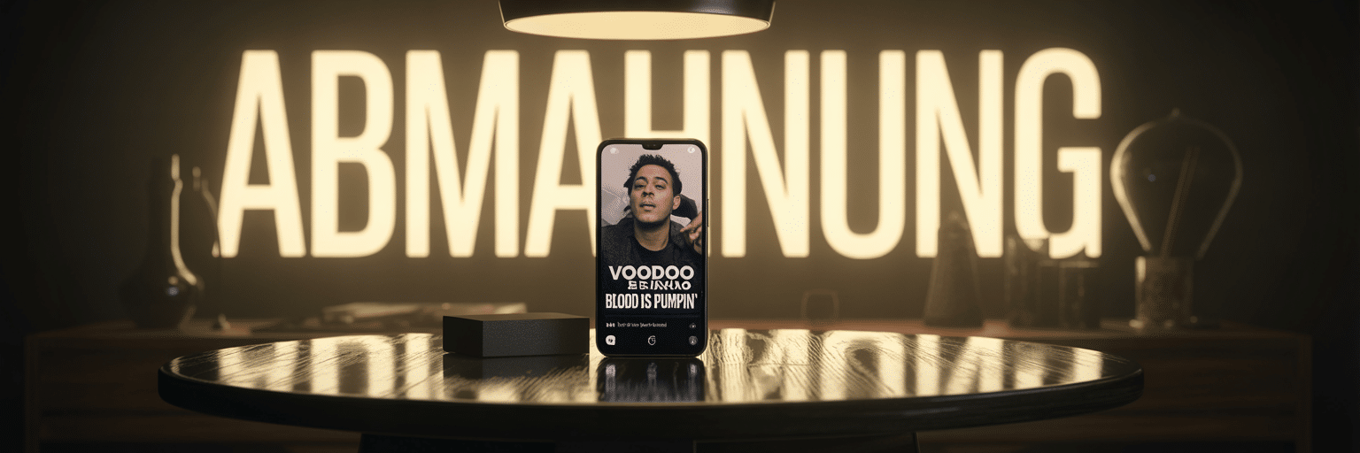 Smartphone mit TikTok-Video zum Song "Blood is Pumpin'" – im Hintergrund der Schriftzug "Abmahnung" als Symbol für die Abmahnung der voodoo music GmbH.