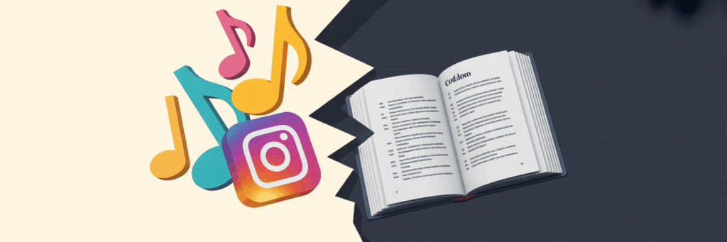Illustration zum Urheberrecht bei Musik auf Instagram: Links bunte Social-Media-Icons, rechts ein Gesetzbuch, das den rechtlichen Konflikt zeigt.