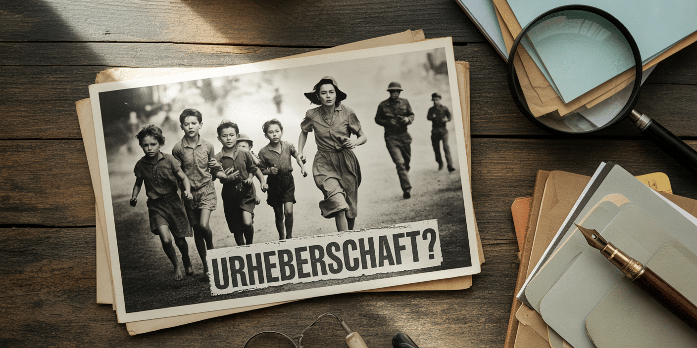 Schwarz-Weiß-Foto laufender Menschen mit der Frage 'Urheberschaft?' als Symbol für den Streit um das Napalm-Mädchen-Foto und den Beweis der Urheberschaft.
