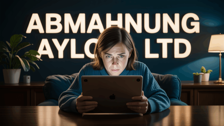 "Abmahnung Aylo Ltd" auf einem Tablet in einem dunklen Raum.