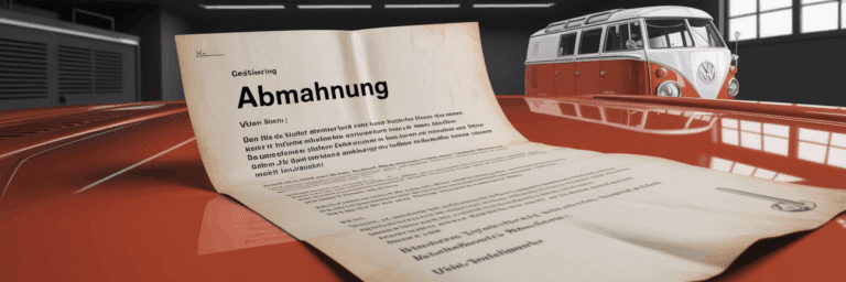 Geöffnete Abmahnung der Volkswagen AG auf einem Schreibtisch in einer Werkstatt.