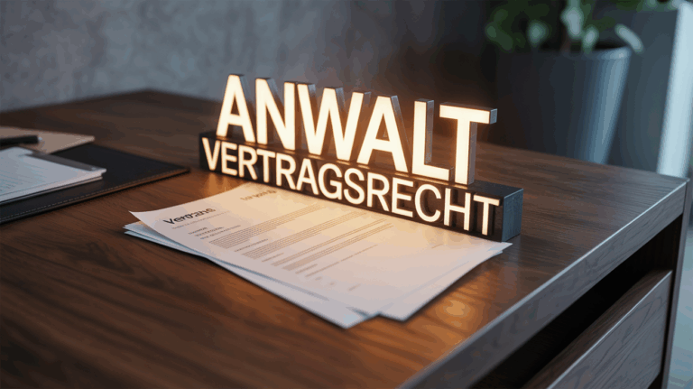 Ein aufgeschlagener Vertrag, auf den der Schriftzug "Anwalt für Vertragsrecht" projiziert wird, was die juristische Expertise symbolisiert.
