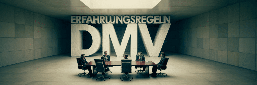 Dokument mit Titel "Erfahrungsregeln DMV" liegt auf einem Tisch und wird beleuchtet, Symbol für die juristische Prüfung von Schadensersatz bei Musik-Abmahnungen.