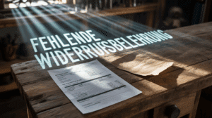 Eine auf einem Werktisch liegende Handwerker-Rechnung, daneben ein leeres Blatt als Symbol für die fehlende Widerrufsbelehrung.