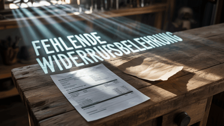 Eine auf einem Werktisch liegende Handwerker-Rechnung, daneben ein leeres Blatt als Symbol für die fehlende Widerrufsbelehrung.