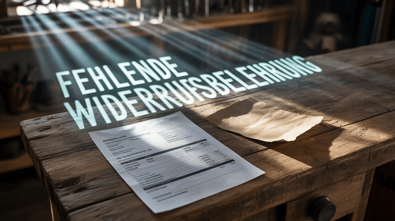Eine auf einem Werktisch liegende Handwerker-Rechnung, daneben ein leeres Blatt als Symbol für die fehlende Widerrufsbelehrung.