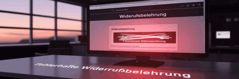 Ein Computermonitor in einem Büro zeigt eine fehlerhafte Widerrufsbelehrung in einem Online-Shop, was das Abmahnrisiko symbolisiert.