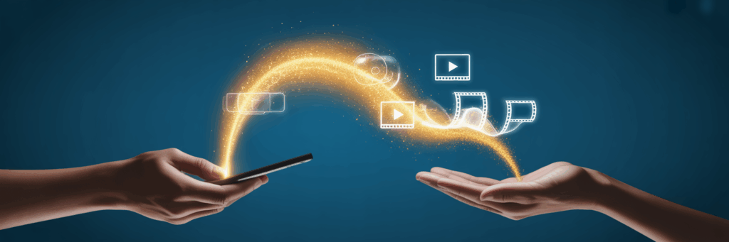 Symbolische Darstellung der Übertragung von Nutzungsrechten an einem Video: Ein goldener Lichtstrahl, der ein digitales Asset repräsentiert, fließt von einem Smartphone zu einer empfangenden Hand.