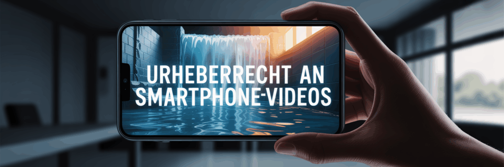 Ein Smartphone in einer Hand zeigt ein dramatisches Hochwasser-Video. Darüber schwebt der leuchtende Schriftzug "Urheberrecht an Smartphonevideos", der den rechtlichen Schutz der Aufnahme symbolisiert.