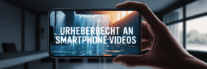 Ein Smartphone in einer Hand zeigt ein dramatisches Hochwasser-Video. Darüber schwebt der leuchtende Schriftzug "Urheberrecht an Smartphonevideos", der den rechtlichen Schutz der Aufnahme symbolisiert.