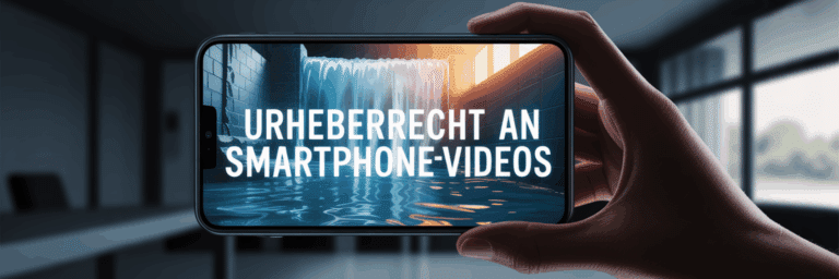 Ein Smartphone in einer Hand zeigt ein dramatisches Hochwasser-Video. Darüber schwebt der leuchtende Schriftzug "Urheberrecht an Smartphonevideos", der den rechtlichen Schutz der Aufnahme symbolisiert.