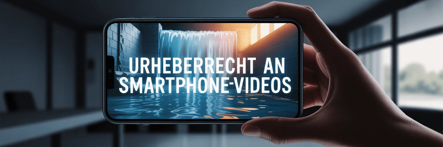 Ein Smartphone in einer Hand zeigt ein dramatisches Hochwasser-Video. Darüber schwebt der leuchtende Schriftzug "Urheberrecht an Smartphonevideos", der den rechtlichen Schutz der Aufnahme symbolisiert.