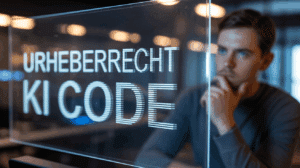 Ein Programmierer betrachtet leuchtenden Code auf einem Bildschirm, der die Worte "Urheberrecht KI Code" anzeigt, was die juristische Thematik illustriert.