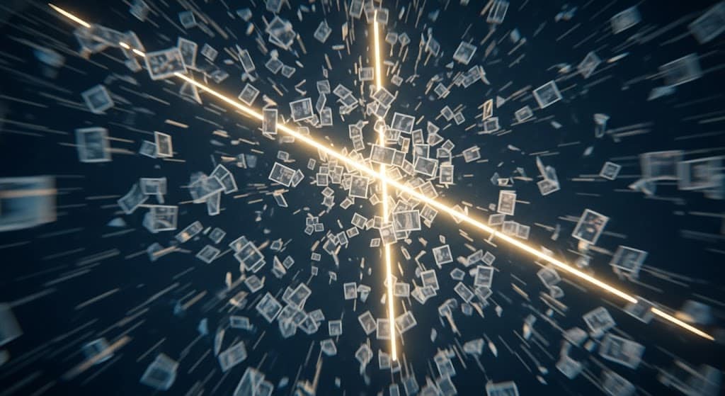 Ein digitaler Strom von Fotos wird durch eine goldene Linie unterbrochen, was die gerichtliche Unterbindung von Urheberrechtsverletzungen durch eine Fotoagentur symbolisiert.