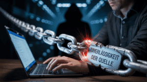 Symbolbild zur Zuverlässigkeit der Quelle im Presserecht: Eine brüchige digitale Kette zwischen einem Journalisten und einer anonymen Quelle im Schatten.