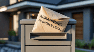 Ein Brief mit der Aufschrift "Abmahnung Frommer Legal" steckt in einem Briefkasten, was die Dringlichkeit einer anwaltlichen Beratung symbolisiert.