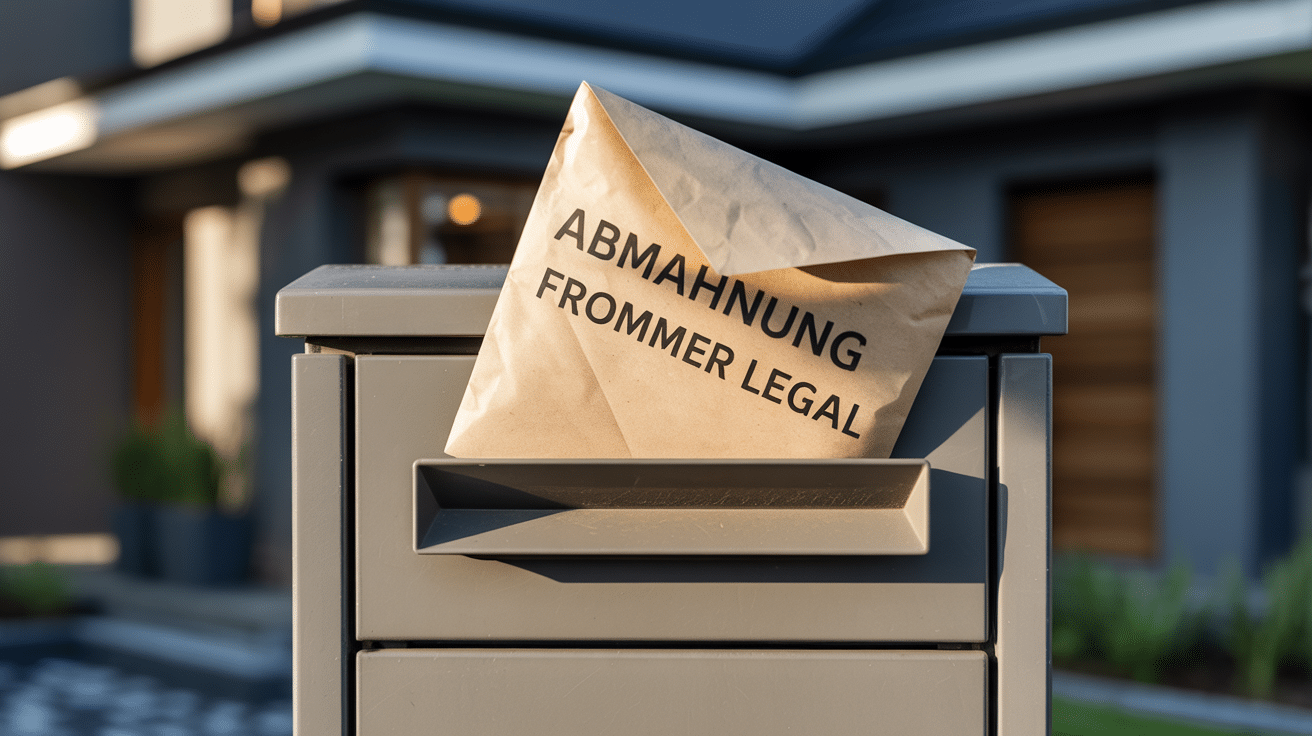 Ein Brief mit der Aufschrift "Abmahnung Frommer Legal" steckt in einem Briefkasten, was die Dringlichkeit einer anwaltlichen Beratung symbolisiert.