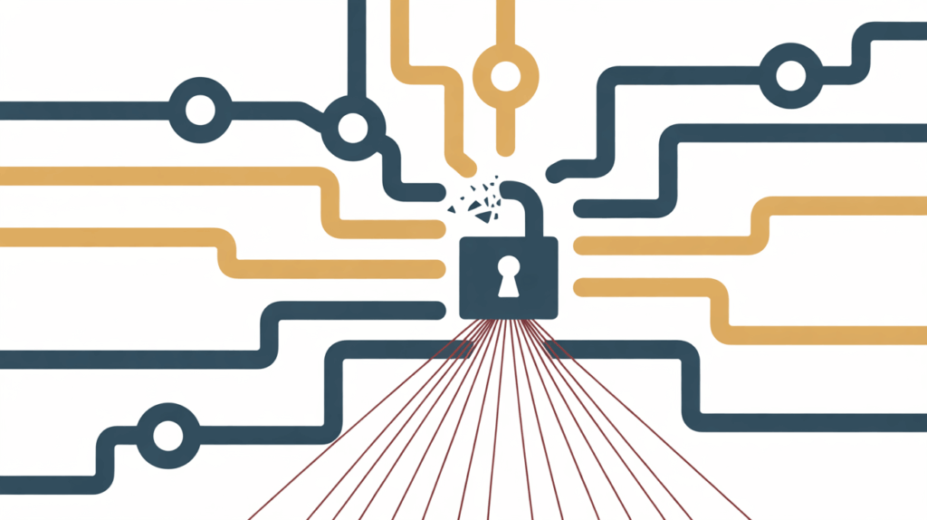 Eine abstrakte Illustration eines digitalen Netzwerks, in dem ein Glied bricht, als Symbol für eine Urheberrechtsverletzung und die Notwendigkeit einer Verteidigung.